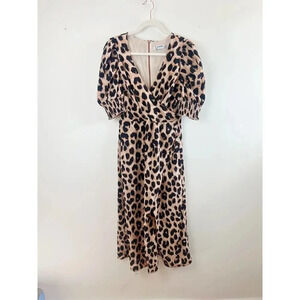 Minueto Cheetah Print Midi Dress Puff Sleeves Wrap Style Size M